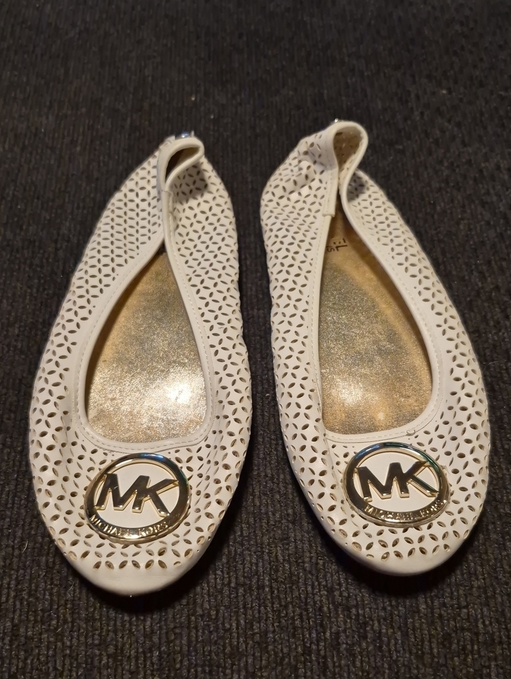 Michael Kors White Laser-Cut Ballet Flats with Gold MK Emblems